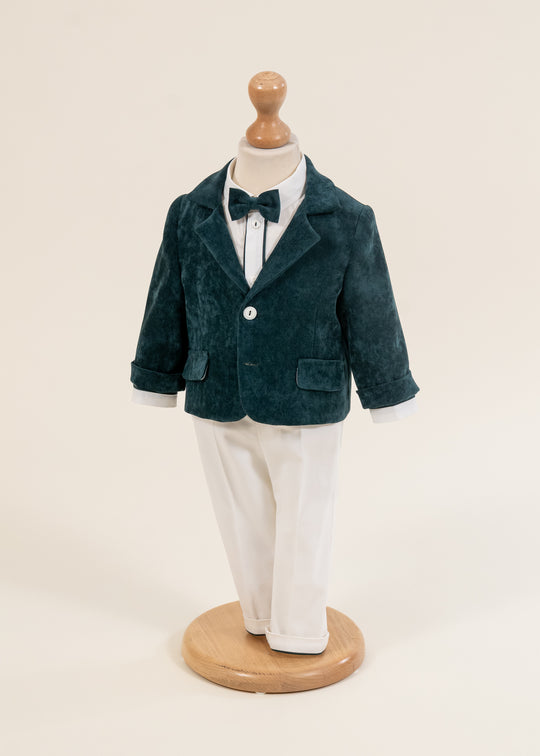 Costum Sabin Sacou Catifea Verde Smarald Pantalon Crem AnneBebe