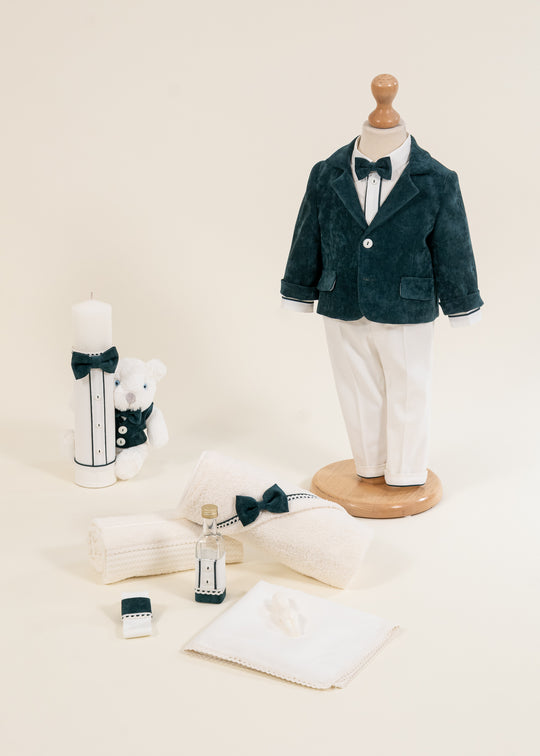 Set Botez Sabin 3 Piese, Costum, Trusou si Lumanare Personalizat Botez AnneBebe