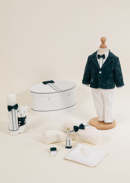 Set Botez Sabin 4 Piese, Costum, Trusou, Lumanare si Cufar Personalizat Botez AnneBebe