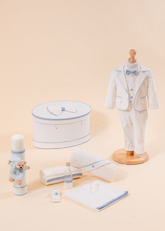 Set Botez Zian 4 Piese, Costum, Trusou, Lumanare si Cufar Personalizat Botez AnneBebe