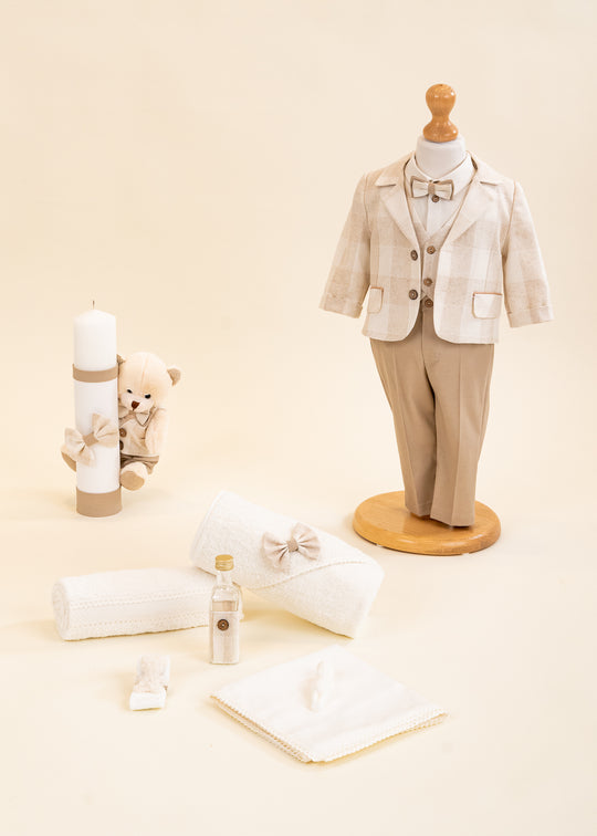 Set Botez Darin 3 Piese, Costum, Trusou si Lumanare Personalizat Botez AnneBebe