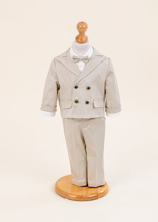 Costum de Botez Grej cu Sacou cu Doua Randuri de Nasturi si Pantalon Lung pentru Baieti – Elian | AnneBebe