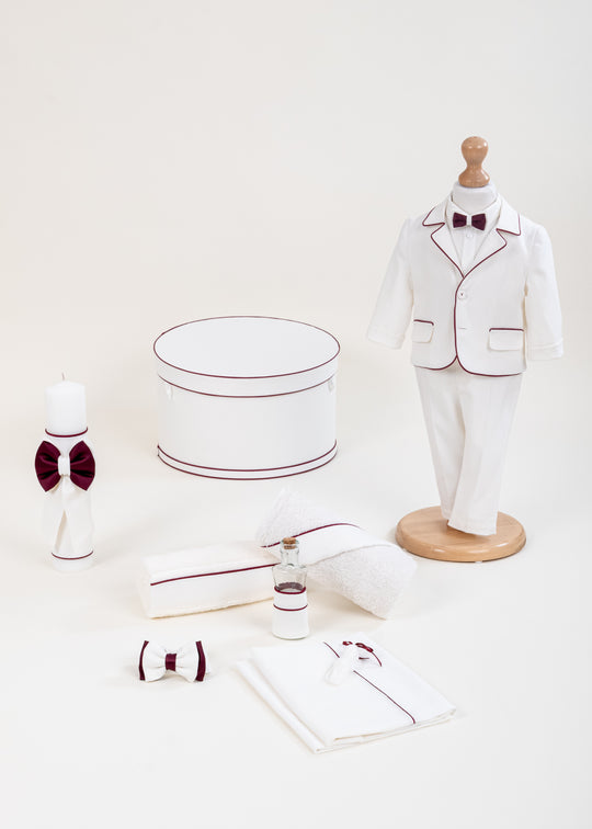 Set Botez Ethan 4 Piese, Costum, Trusou, Lumanare si Cufar Personalizat Botez AnneBebe