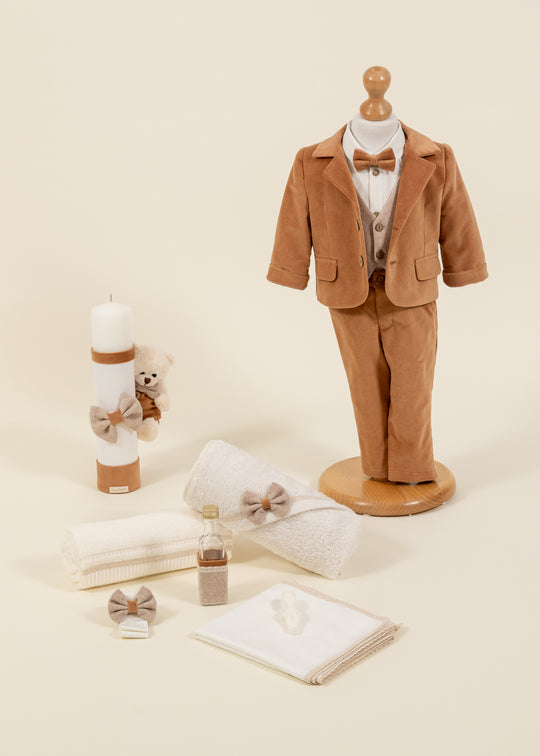 Set Botez Dacian 3 Piese, Costum, Trusou si Lumanare Personalizat Botez AnneBebe
