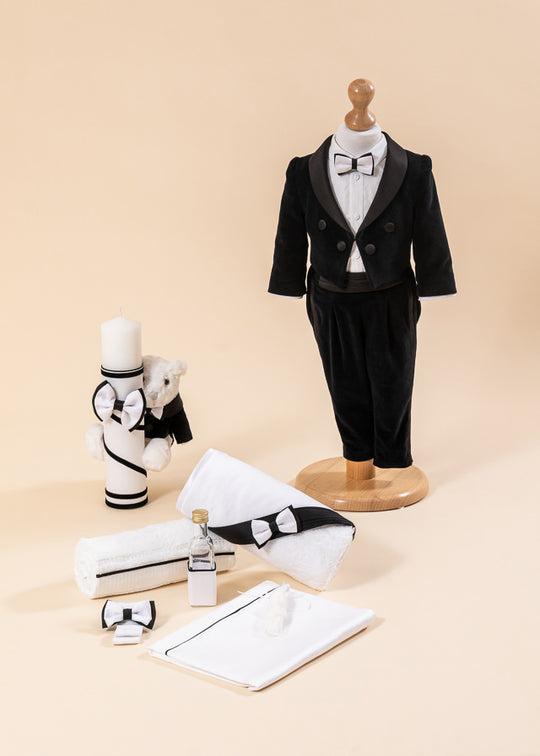 Set Botez Timotei 3 Piese, Costum, Trusou si Lumanare Personalizat Botez AnneBebe