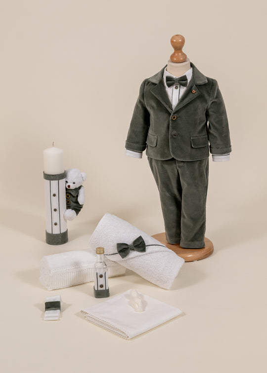 Set Botez Dominic 3 Piese, Costum, Trusou si Lumanare Personalizat Botez AnneBebe