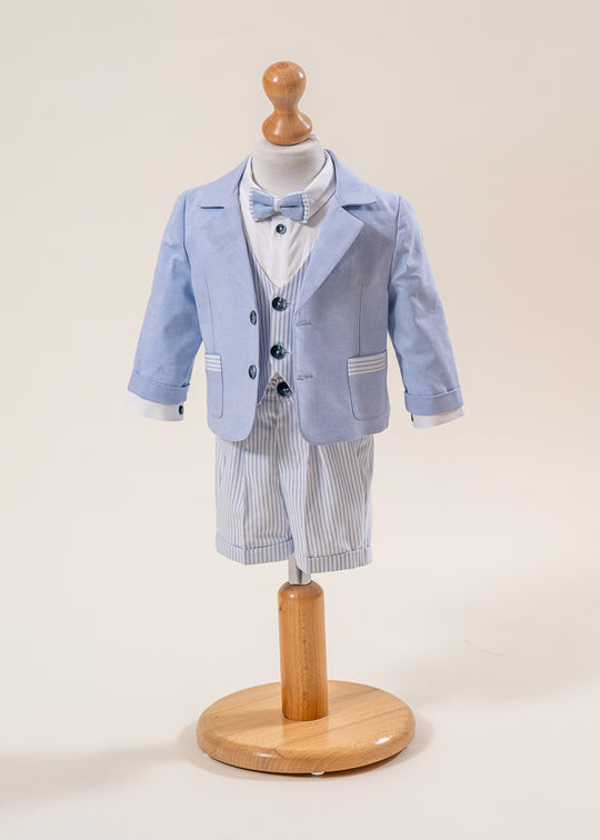 Costum Mike Pantalon Scurt si Lung Sacou Bleu Vesta Crem Cu Dungi Bleu AnneBebe