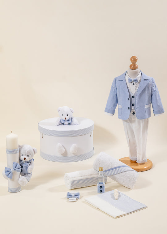 Set Botez Mike 4 Piese, Costum, Trusou, Lumanare si Cufar Personalizat Botez AnneBebe