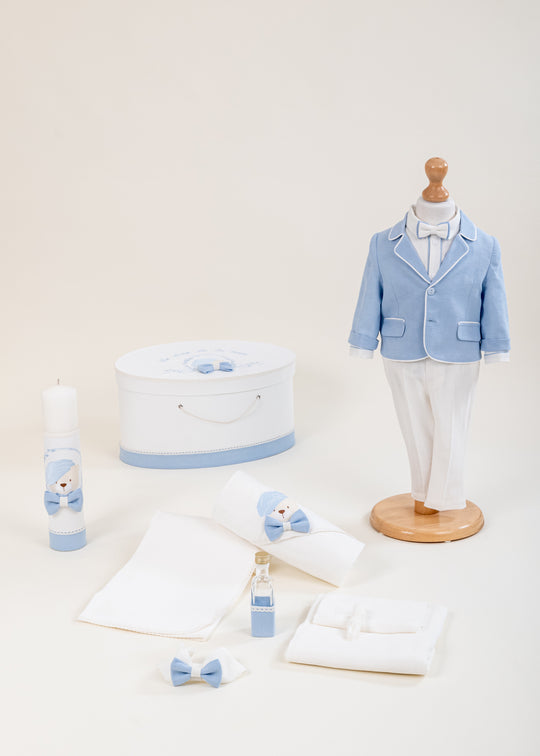 Set Botez Leonard 4 Piese, Costum, Trusou, Lumanare si Cufar Personalizat Botez AnneBebe