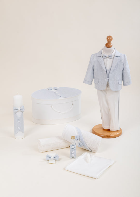 Set Botez Aron 4 Piese, Costum, Trusou, Lumanare si Cufar Personalizat Botez AnneBebe