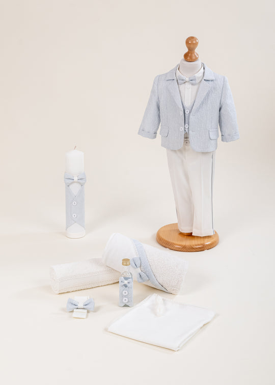 Set Botez Aron 3 Piese, Costum, Trusou si Lumanare Personalizat Botez AnneBebe