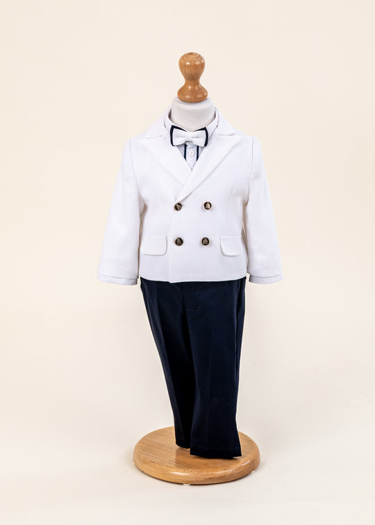 Costum de Botez Sacou Alb cu Doua Randuri de Nasturi si Pantalon Bleumarin pentru Baieti – Sergiu | AnneBebe