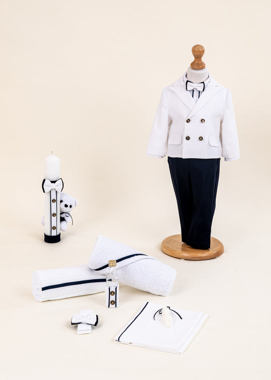 Set Botez Sergiu 3 Piese: Costum, Trusou si Lumanare Personalizat – Sergiu | AnneBebe