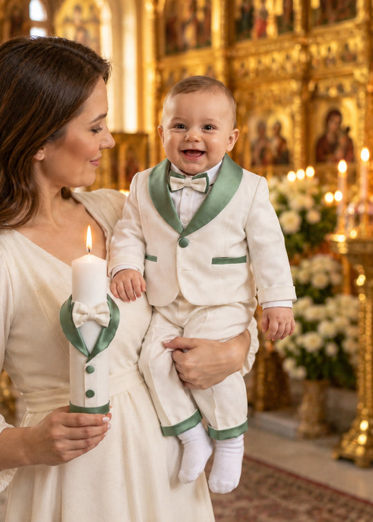 Set de Botez 2 Piese cu Costum si Lumanare pentru Baieti, Personalizat – Valentin | AnneBebe