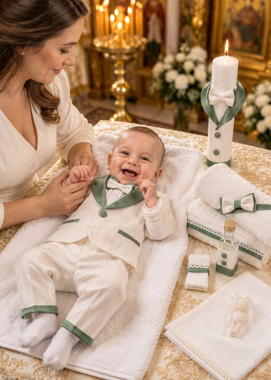 Set de Botez 3 Piese cu Costum, Trusou si Lumanare pentru Baieti, Personalizat – Valentin | AnneBebe