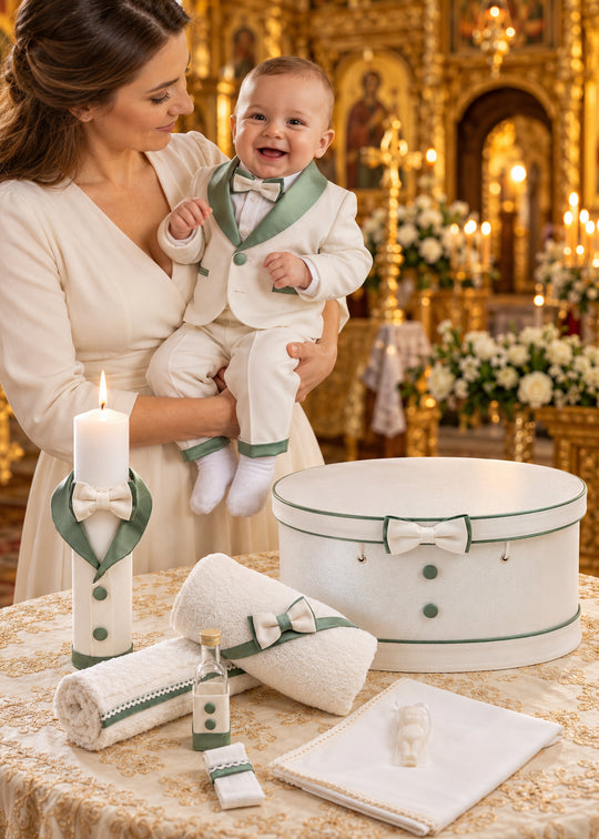 Set de Botez Complet 4 Piese cu Costum, Trusou, Lumanare si Cufar pentru Baieti, Personalizat – Valentin | AnneBebe