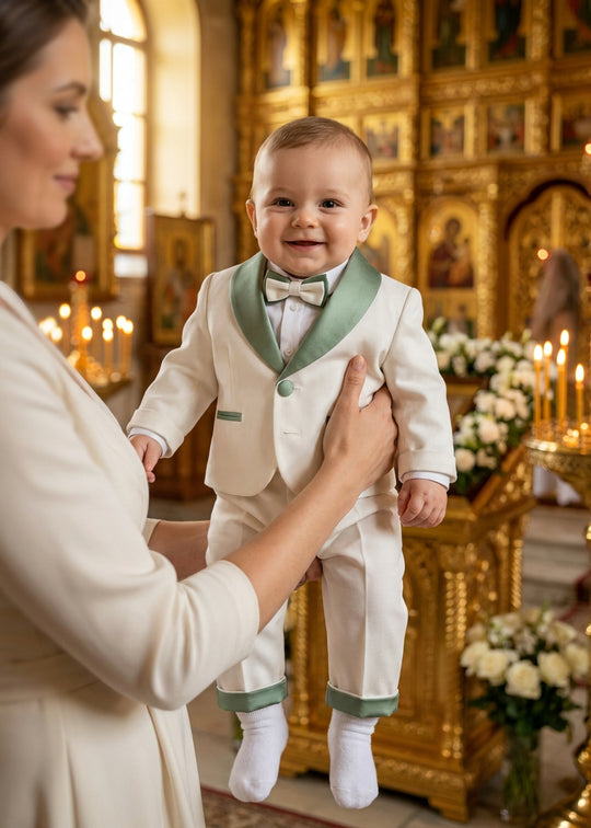 Costum de Botez cu Sacou Crem, Guler Sal Verde si Pantalon Crem pentru Baieti – Valentin | AnneBebe