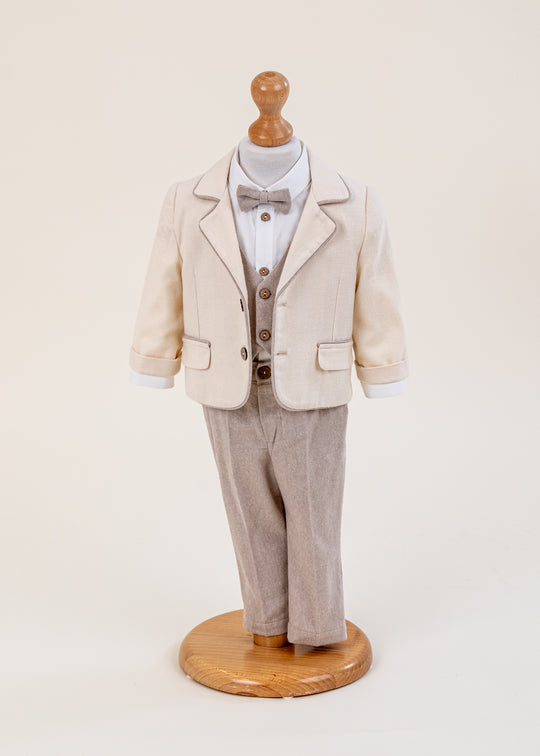 Costum de Botez Bej cu Cheder si Pantalon Grej pentru Baieti – Simion | AnneBebe