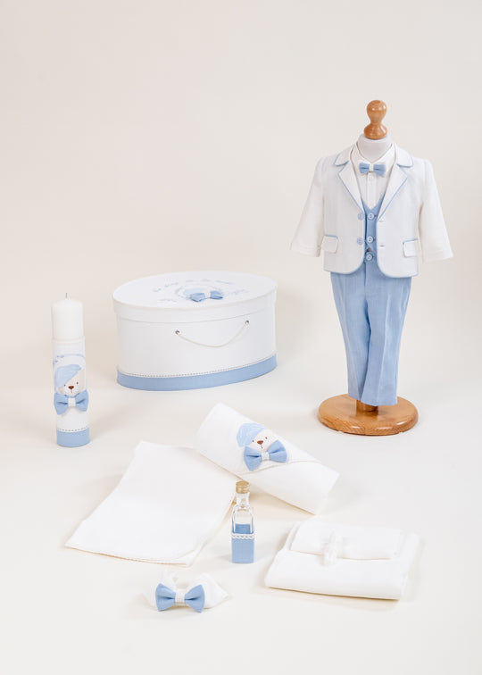Set Botez Orlando 4 Piese, Costum, Trusou, Lumanare si Cufar Personalizat Botez AnneBebe