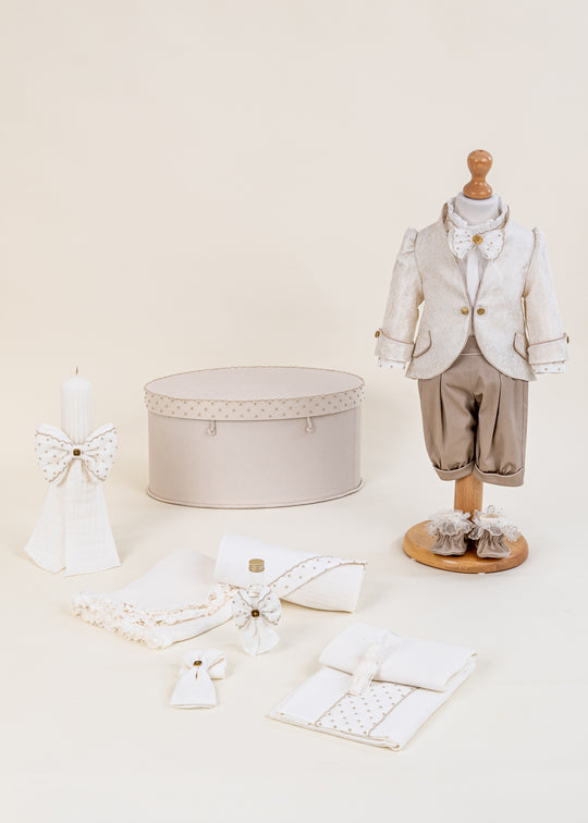 Set Botez Print Redingota 4 Piese Costum Trusou Lumanare si Cufar Personalizat Botez AnneBebe