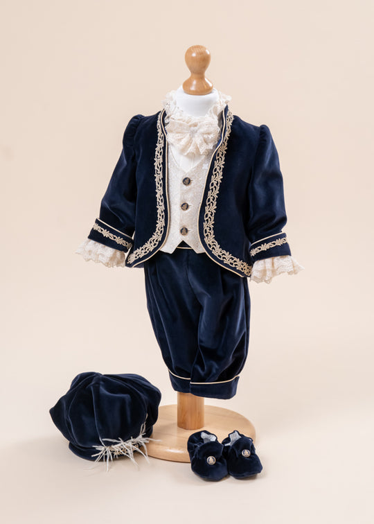 Little Lord Costume Navy Blue Velvet With Lace Band Cappucino AnneBebe