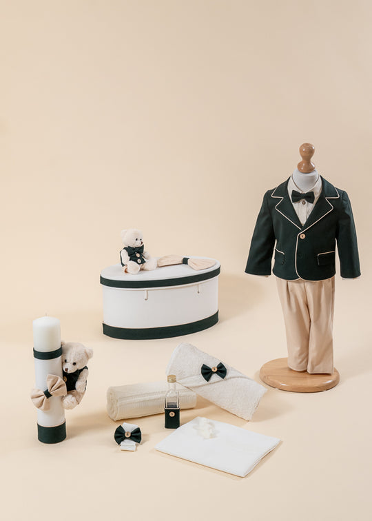 Set Botez Cezar 4 Piese, Costum, Trusou, Lumanare si Cufar Personalizat Botez AnneBebe