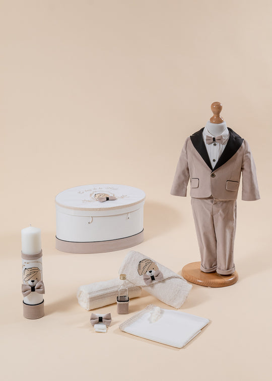 Set Botez George 4 Piese, Costum, Trusou, Lumanare si Cufar Personalizat Botez AnneBebe