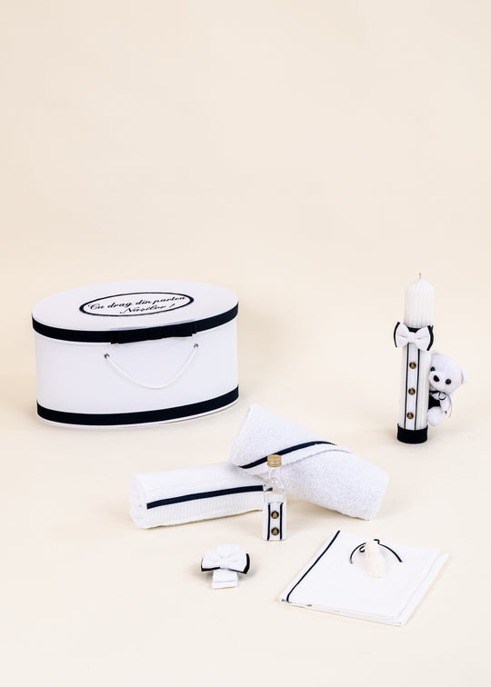 Set Botez Sergiu 3 Piese: Lumanare, Trusou si Cufar Personalizat – Sergiu | AnneBebe