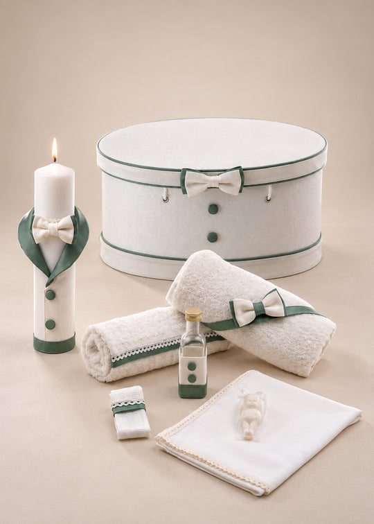 Set de Botez 3 Piese cu Lumanare, Trusou si Cufar pentru Baieti, Personalizat – Valentin | AnneBebe
