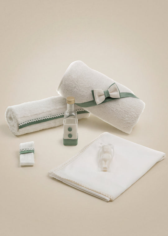 Trusou de Botez Crem cu Banda Verde si Funda Crem cu Verde pentru Baieti – Valentin | AnneBebe