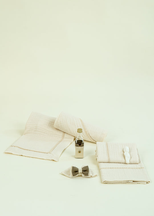 Hugo Muslin Christening Set with Khaki Bows