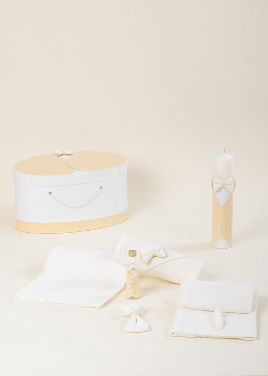 Set Botez Gustav 3 Piese, Lumanare, Trusou si Cufar Personalizat Botez AnneBebe