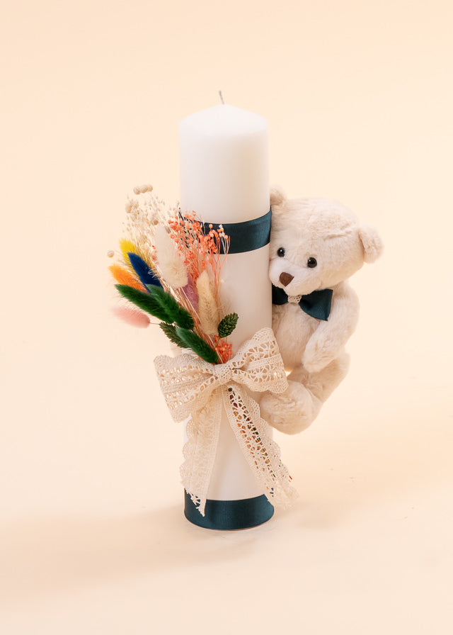 Small Bear Christening Candle Cream And Green Bow AnneBebe