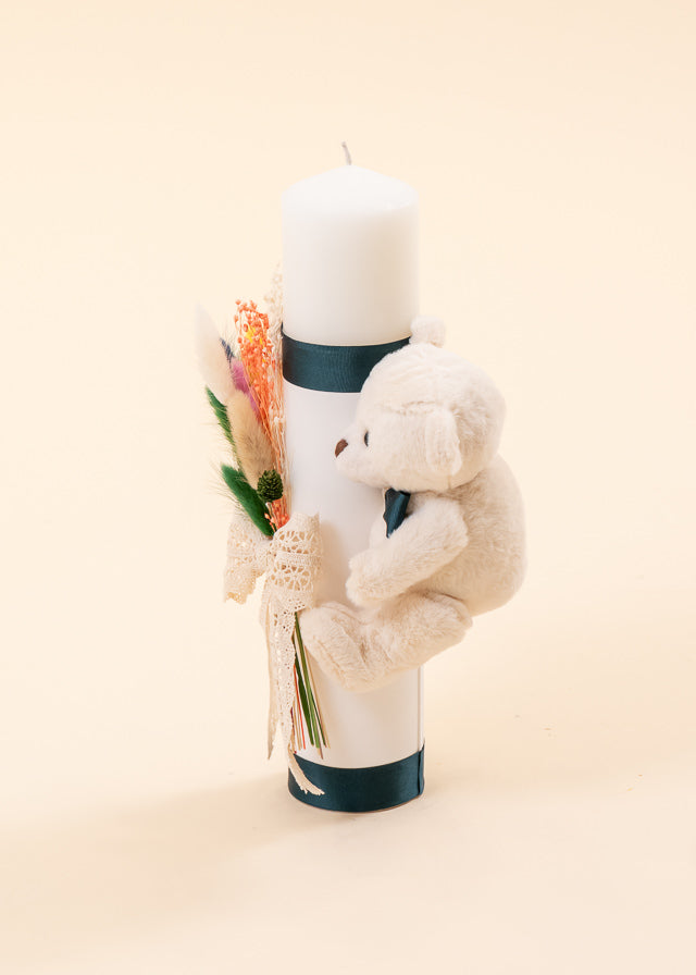 Кремова свічка для хрещення маленького ведмедика та зелений бант AnneBebe