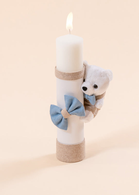 Karim Candle Little White Bear With Bow Blue And Beige Fabric AnneBebe