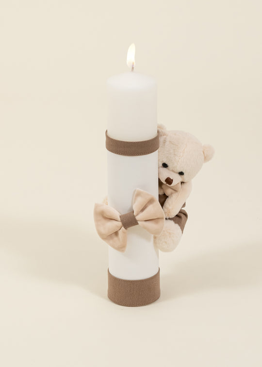 Lumanare Leontin Crem Cu Funde Catifea Bej Si Urs Mic AnneBebe