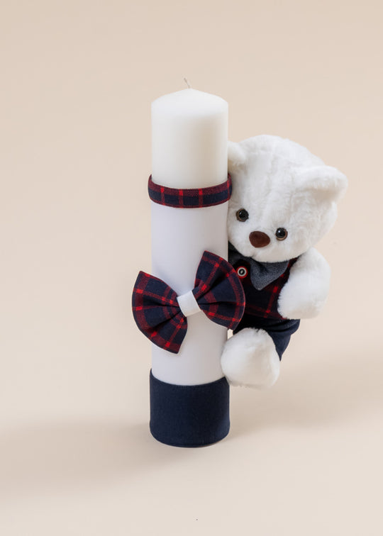 Lumanare Darie cu Urs Mare Alb si Funda Cu Bleumarin AnneBebe