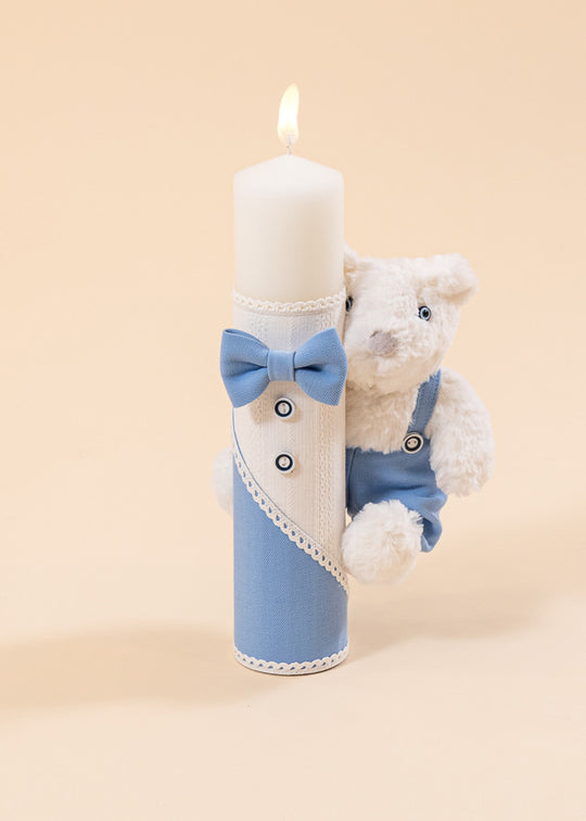 Lumanare Toma Urs Mare Crem Nasturi Bleumarin Cu Funda Bleu AnneBebe