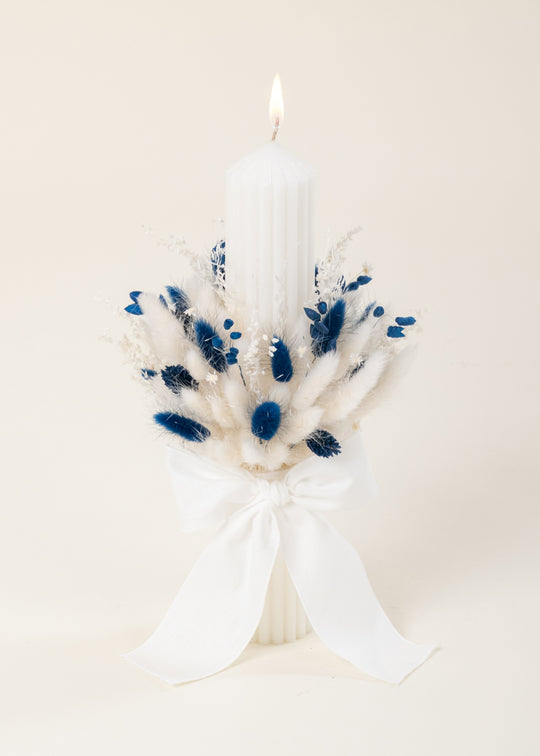 Candle Bow In White With Cream And Royal Blue Flower Bouquet