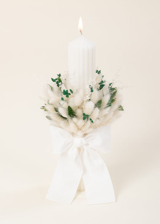 Lumanare Funda IN Alb Cu Buchet De Flori Crem Si Verde AnneBebe