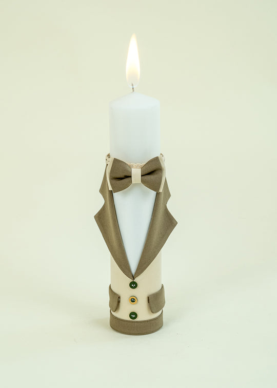 Hugo Capuccino Candle with Lapel and Khaki Bow Tie