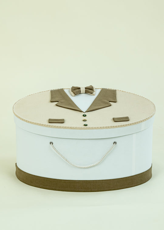 Hugo Oval Casket, Revere, and Khaki Bow Tie on Lid