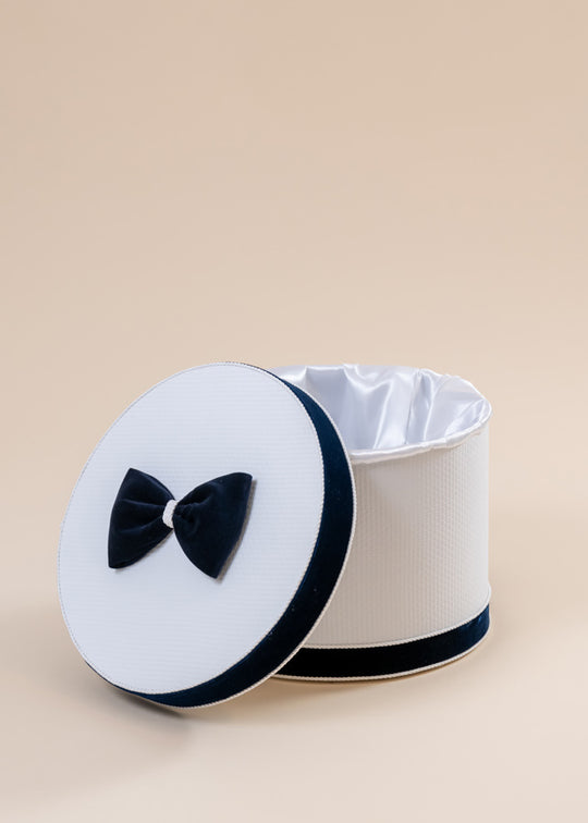 White Boys Baptism Chest With Navy Blue Velvet Bow AnneBebe