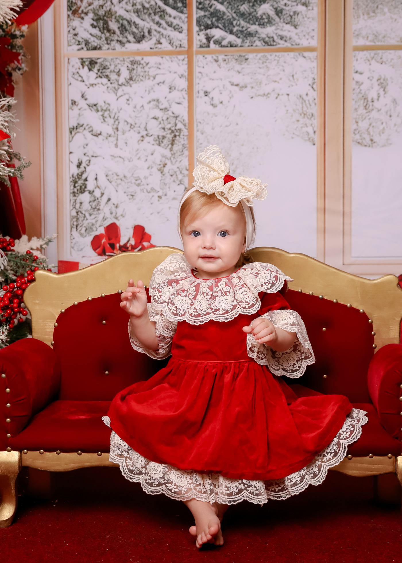 Red Velvet Dress with Ruffles and White Lace at the Neck and Sleeves AnneBebe