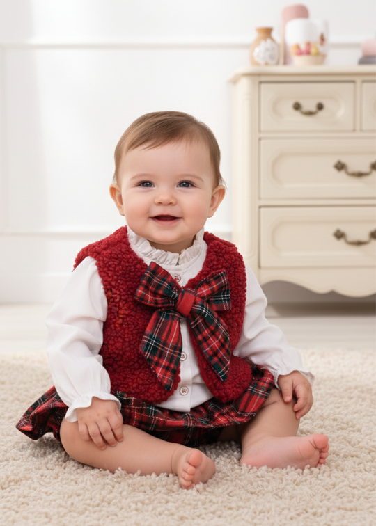 Set 3 Piese Camasa Alba Vesta Bucle Rosie si Chilotel cu Volan Ecosez 3765 Mino Baby