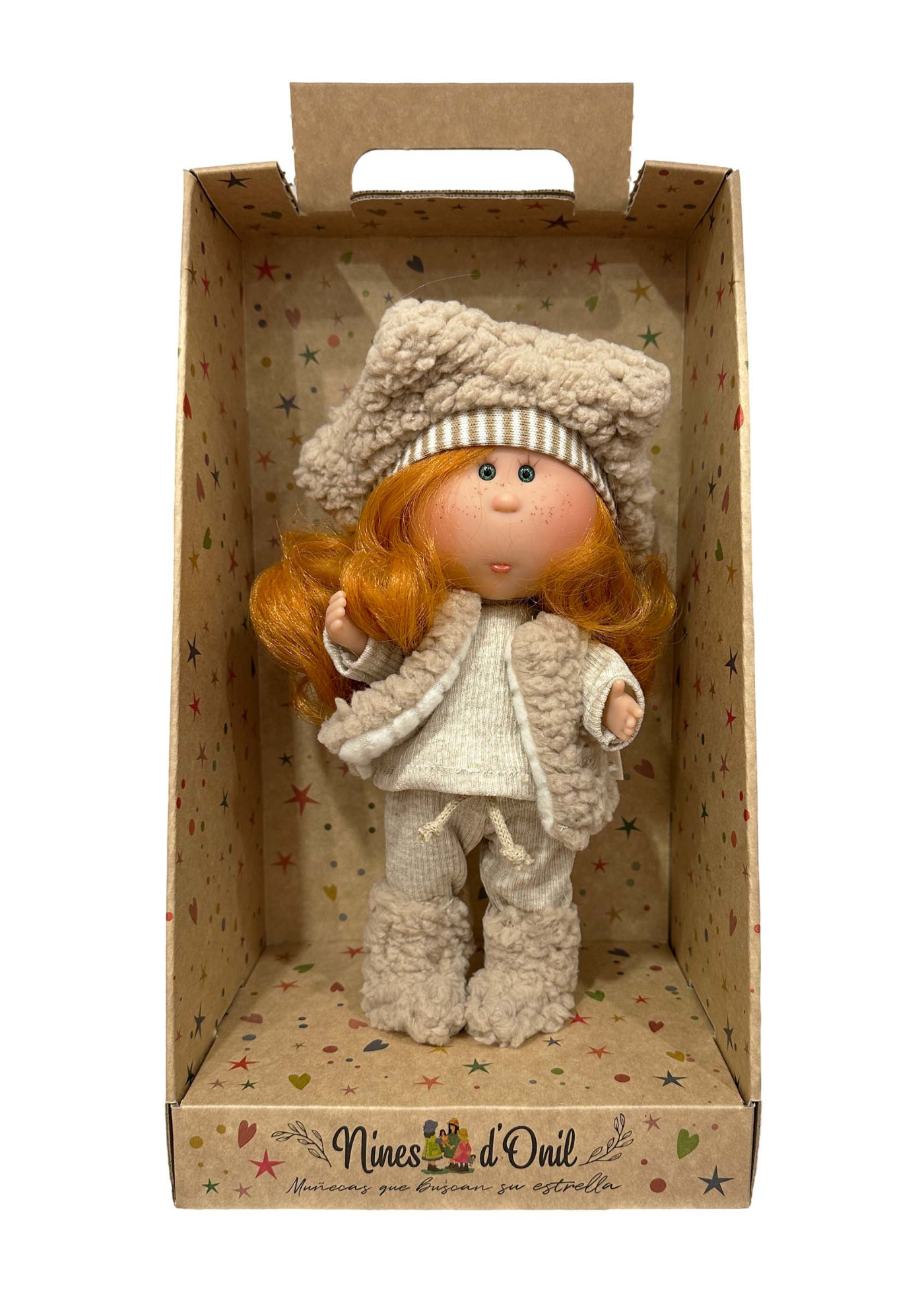 Papusa Parfumata Mia Forest Roscata, Corp Vinil cu Caciula Vesta si Botosei din Blanita Bej – 30 cm – 3156 – Nines