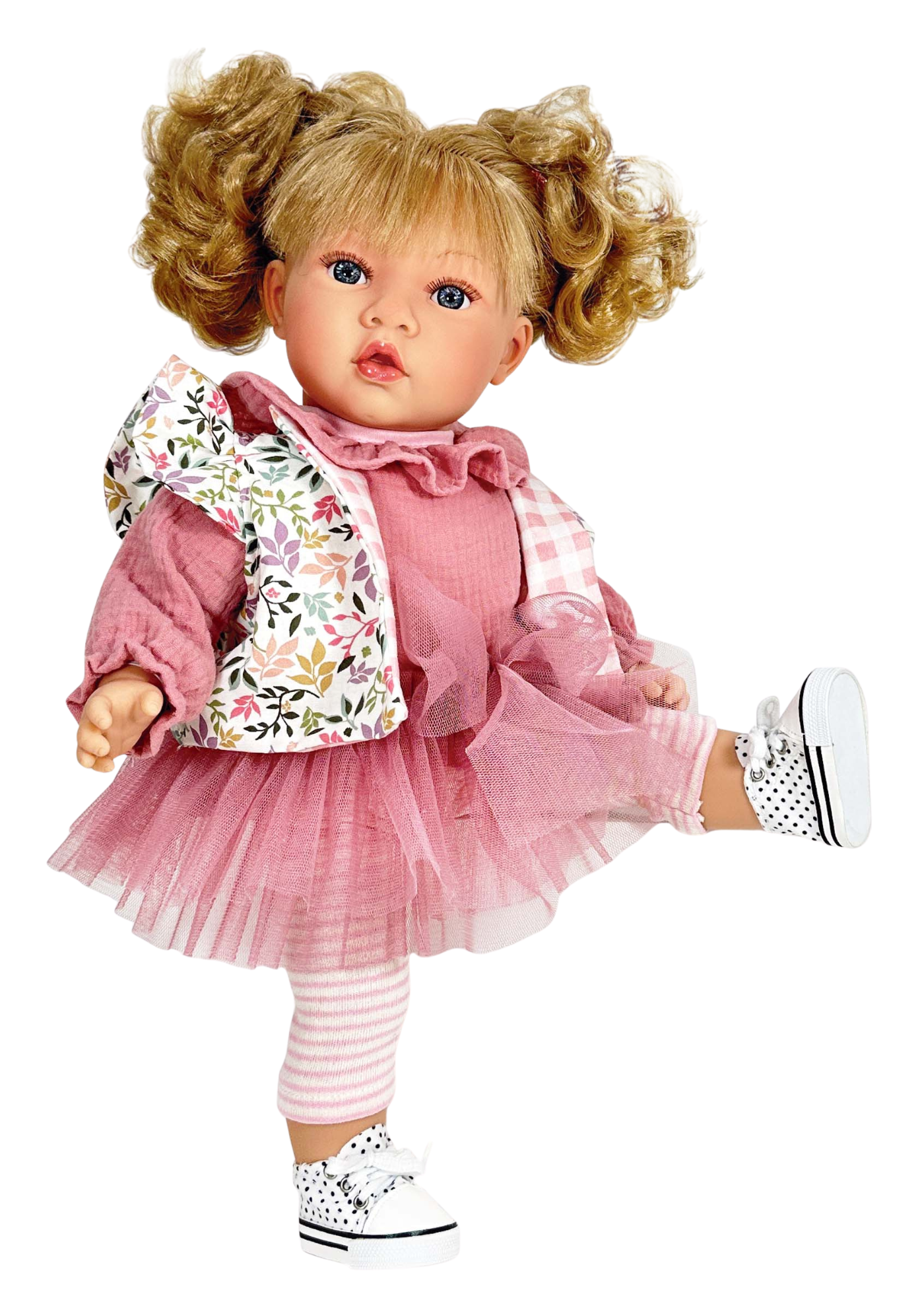 Papusa Parfumata Susette Blonda cu Mecanism, Fustita Tull Roz Pudra si Bluzita din Muselina  - 45 cm – 6533 – Nines