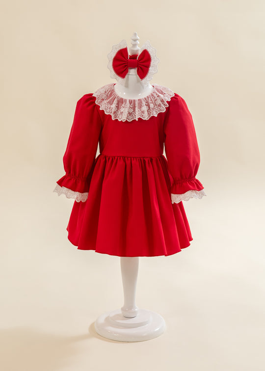 Rochita Stofa Rosie Cu Volanas Dantela Alba La Gat Si Maneca AnneBebe