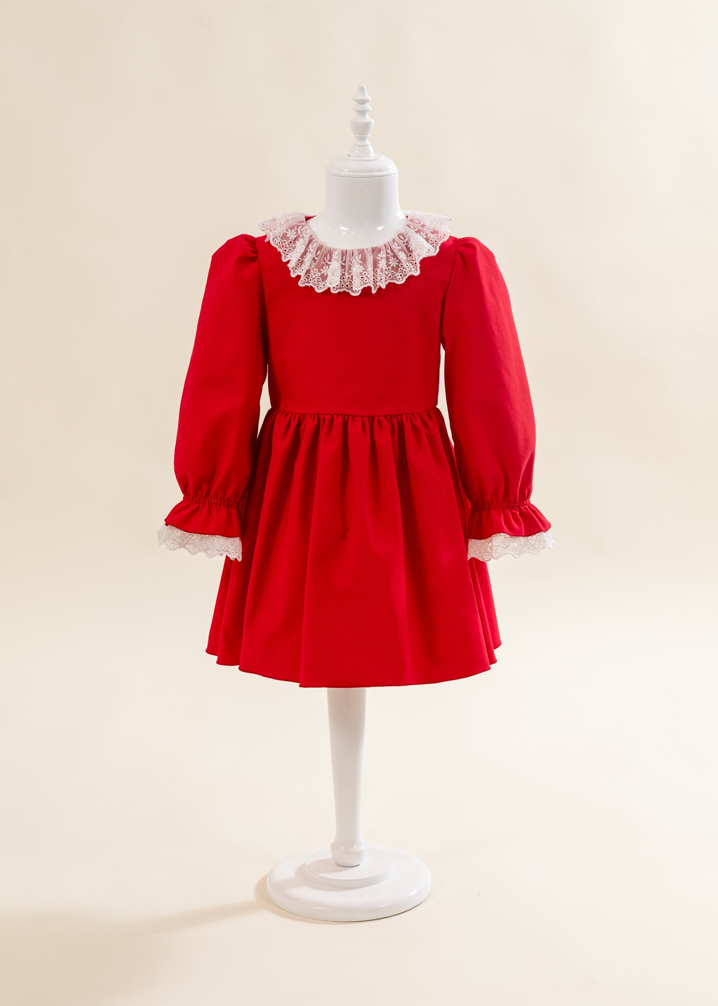 Rochita Stofa Rosie Cu Volanas Dantela Alba La Gat Si Maneca AnneBebe