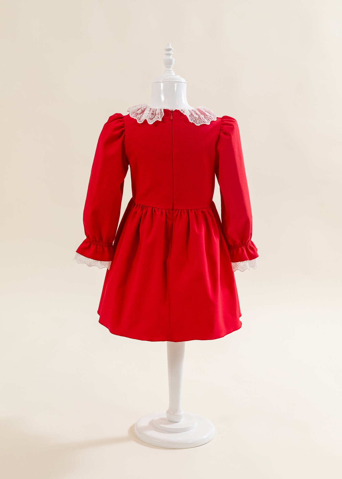 Rochita Stofa Rosie Cu Volanas Dantela Alba La Gat Si Maneca AnneBebe